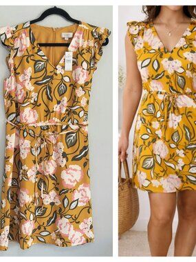 LOFT Mustard Yellow Floral Mini Dress Large NWT